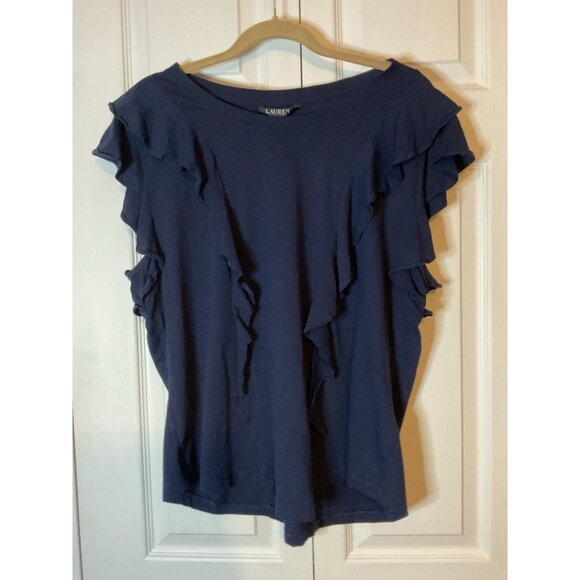 Lauren Ralph Lauren Navy Blue Flutter Sleeve Top Cotton Shirt Size XXL New $70 - Picture 1 of 4